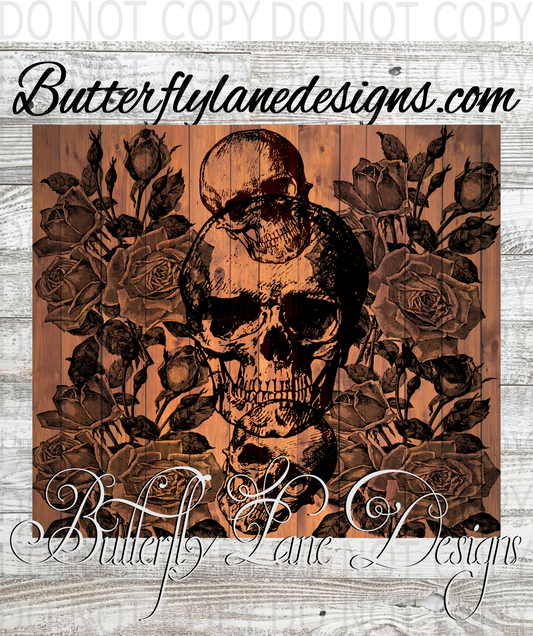 Wood background -black skull outline- :: Tumbler wrap