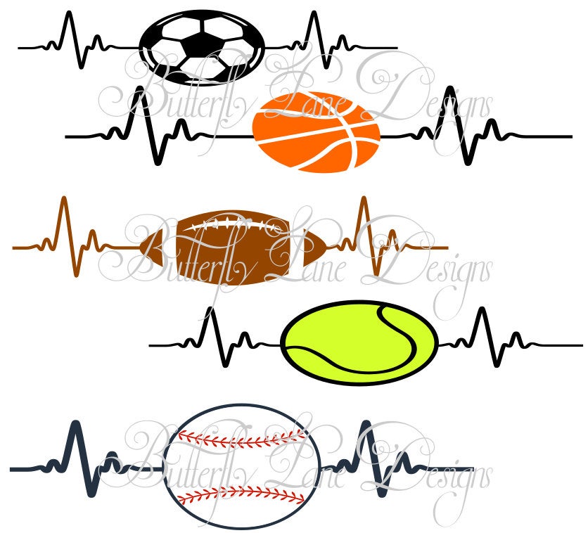 Sports Heart Beats, football, soccer, basketball, baseball, tennis, softball,  SVG File