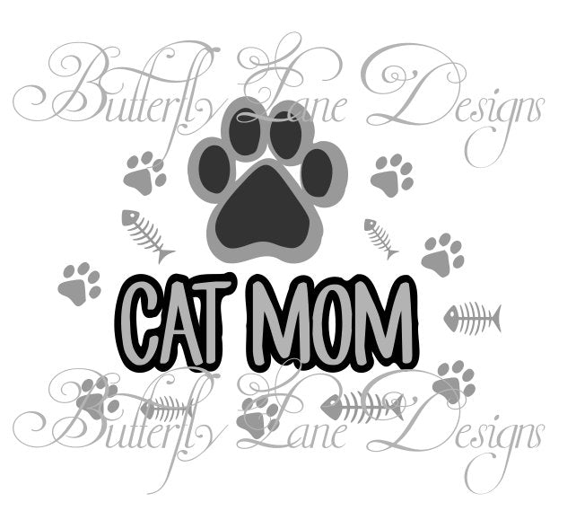 Cat Mom with fish bones and paw prints SVG