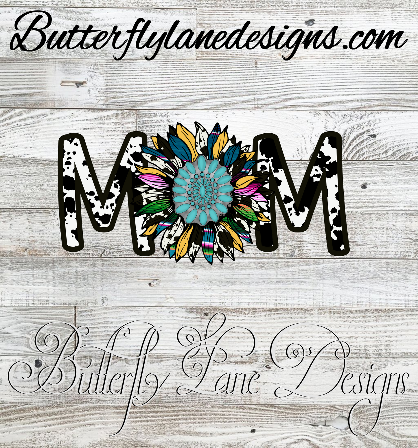 MOM text with a turquoise country sunflower :: Clear Decal